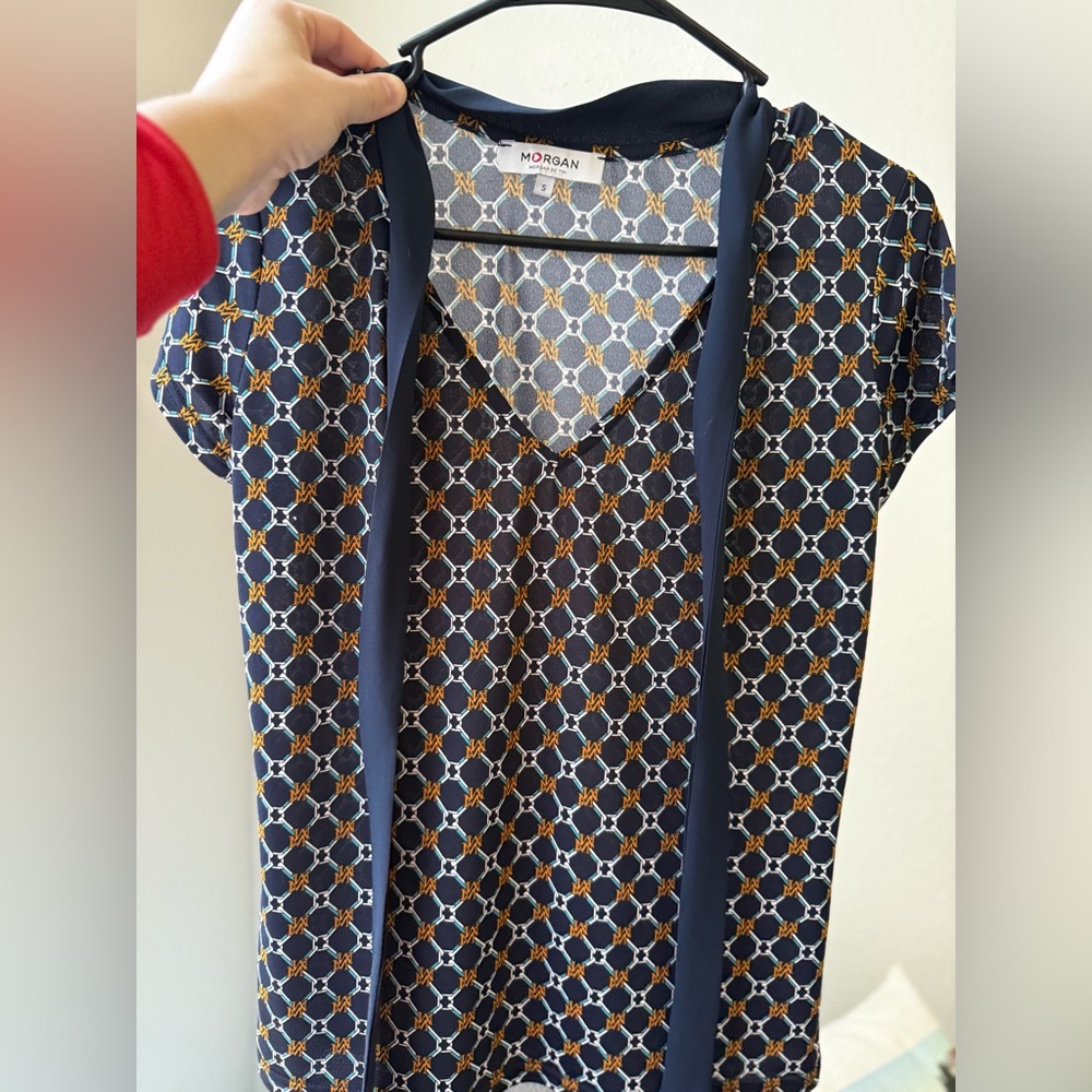 French Brand Morgan de Toi short-sleeve blouse chain-link print & necktie size S